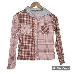 Wall Flower Girl Shacket,Girl 10/12, Pink & Cream Plaid,Hooded, Button Front,EUC